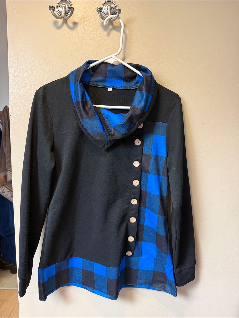 Women’s Black Blouse with Blue Buffalo Check Trim